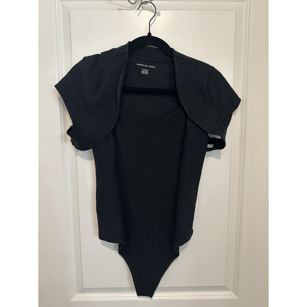 American Eagle Black Ribbed Bodysuit & Shrug Set XL Goth Minimalist Y2K